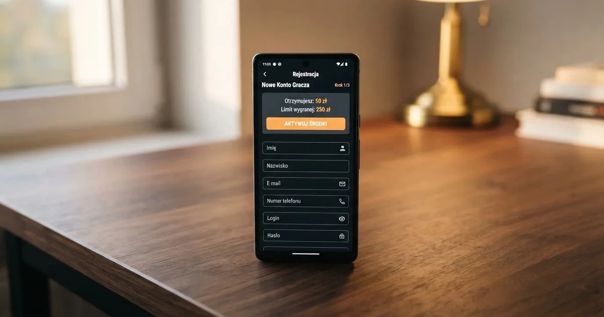 Smartfon z otwartym formularzem zakładania konta gracza i zakładką aktywacji środków bonusowych w sekcji Moje Konto