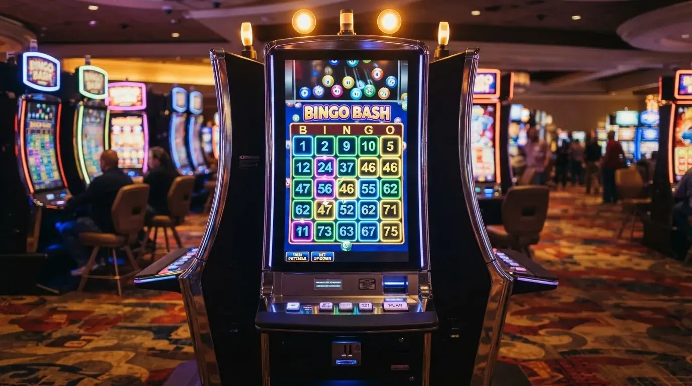 Ekran automatu do gry z kolorową planszą w stylu bingo i podświetlonymi liczbami