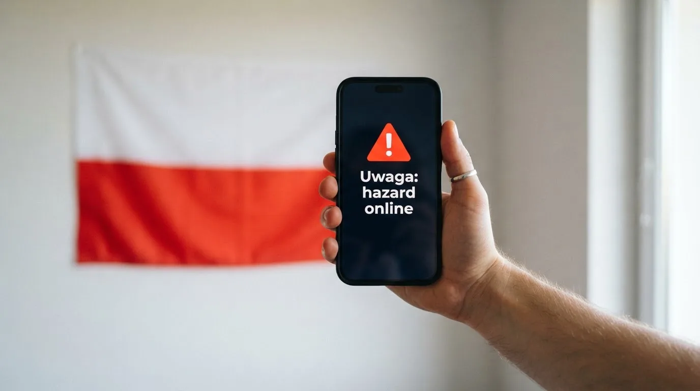 Dłoń trzymająca telefon z widocznym komunikatem ostrzegawczym o legalności hazardu online na tle biało-czerwonej flagi Polski.