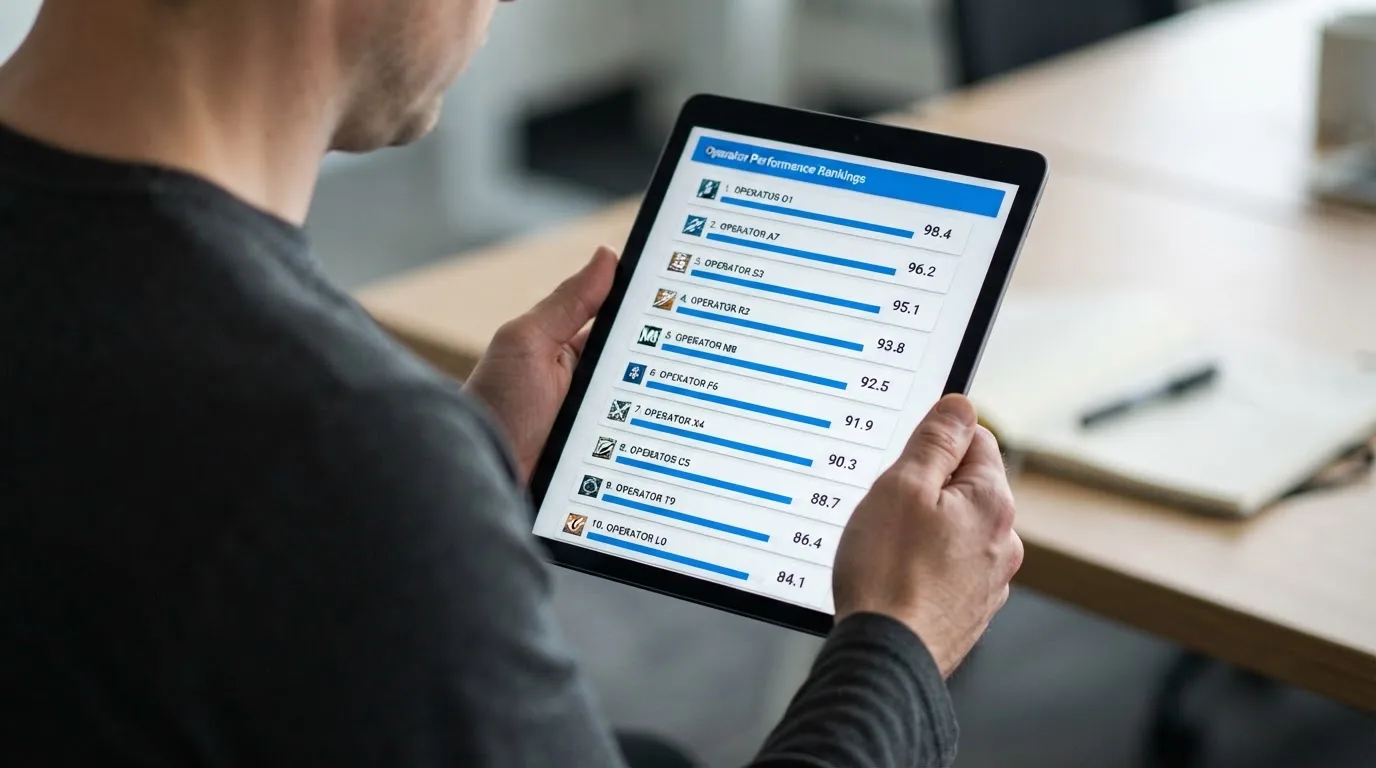 Ranking dziesięciu kart operatorów online ułożonych od najwyżej do najniżej ocenionego na ekranie tabletu.