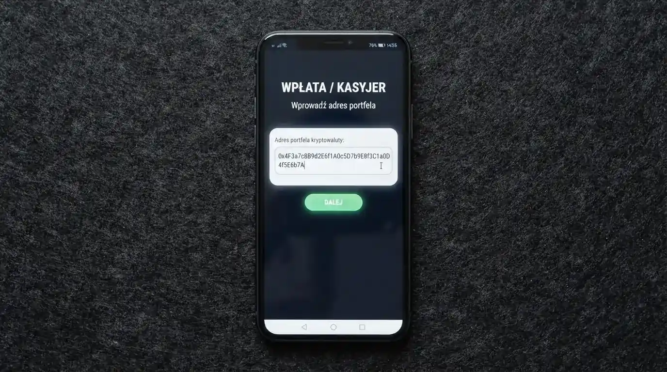 Zbliżenie na formularz wpłaty w kasynie online z polem na adres portfela kryptowalutowego BNB Smart Chain.