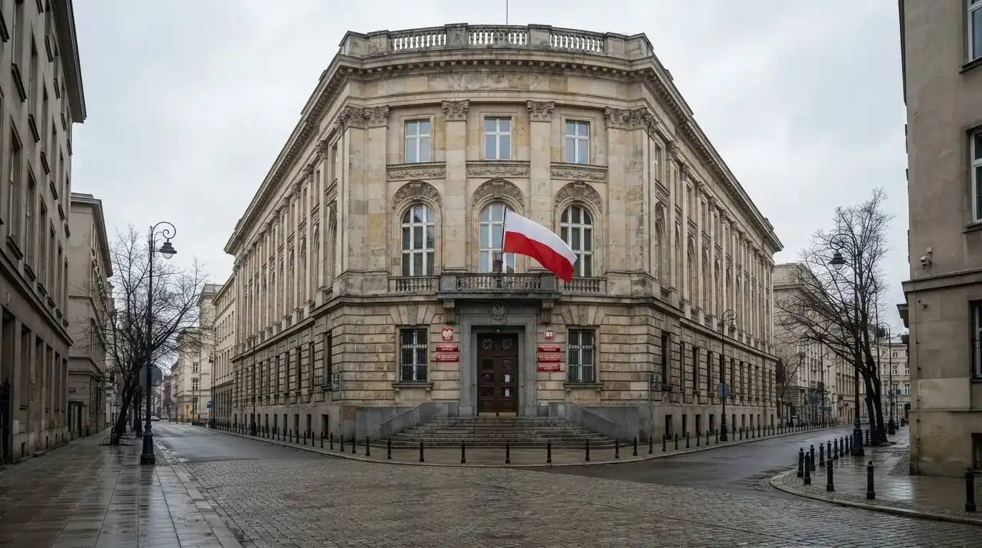 Fasada budynku instytucji państwowej z flagą Polski, symbol nadzoru regulatora nad rynkiem gier hazardowych