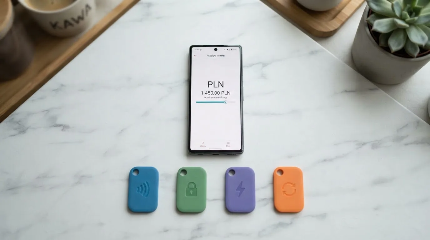 Ikony popularnych elektronicznych portfeli płatniczych obok telefonu z otwartą aplikacją bankową