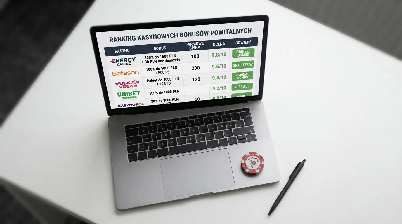 Widok z góry na laptop z otwartą tabelą porównawczą ofert powitalnych kilku serwisów kasynowych