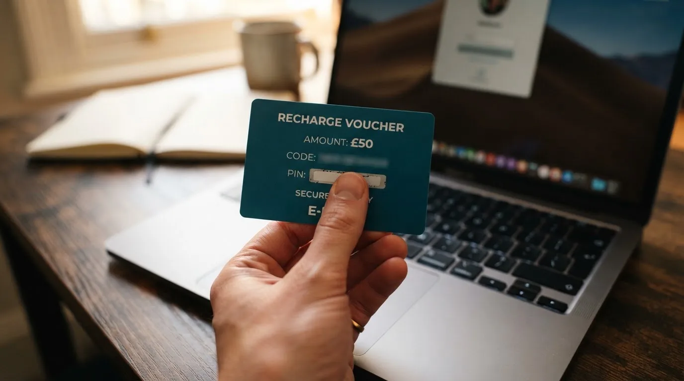 Karta przedpłacona Paysafecard z zasłoniętym polem kodu PIN obok klawiatury laptopa