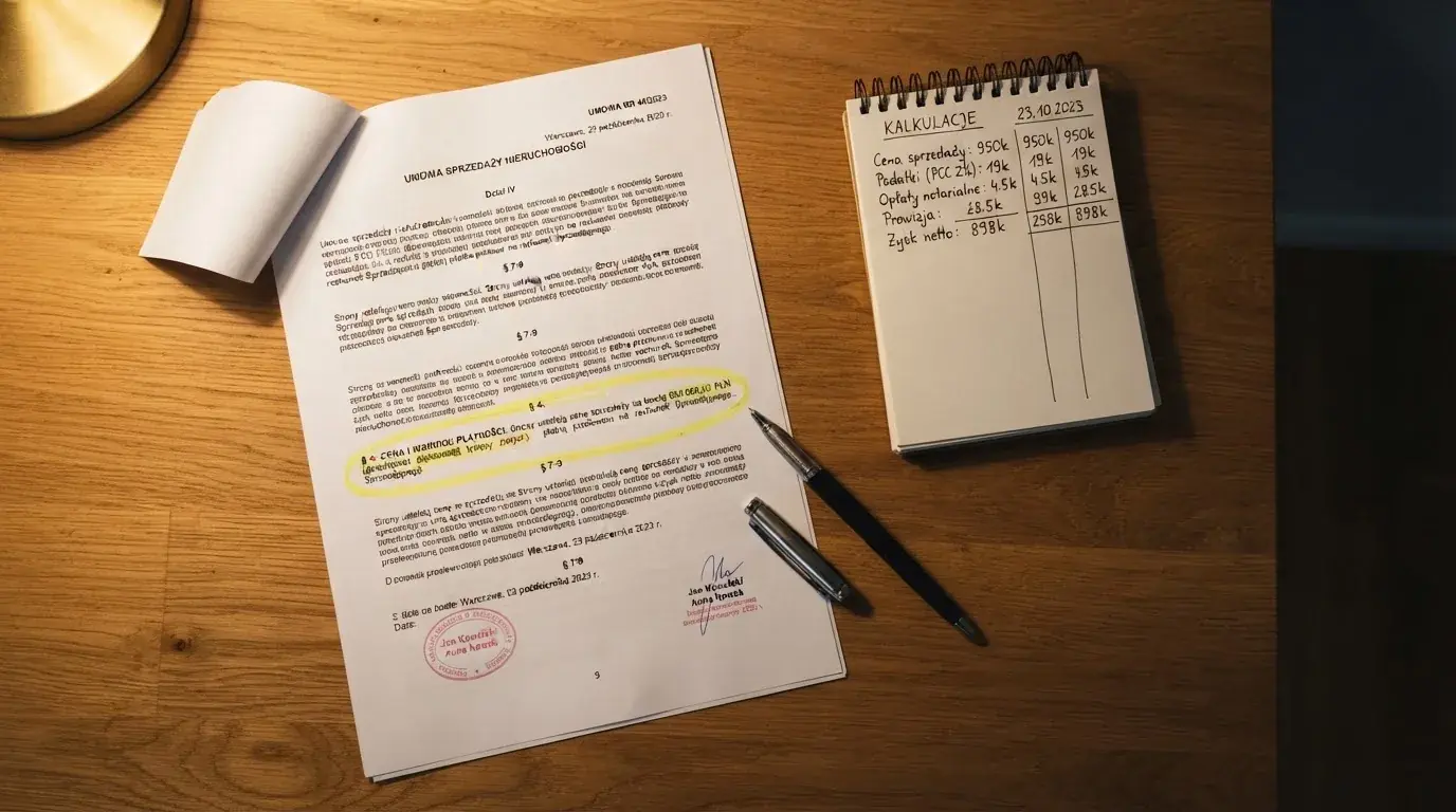 Wydruk kodeksu karnego skarbowego z zakreślonym artykułem obok kalkulatora i długopisu na biurku