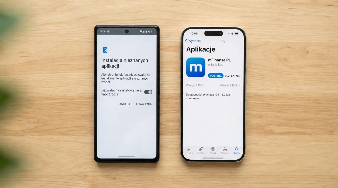 Dwa telefony obok siebie: na jednym komunikat zgody na instalację pliku APK z nieznanego źródła, na drugim strona aplikacji w sklepie z przyciskiem pobierania