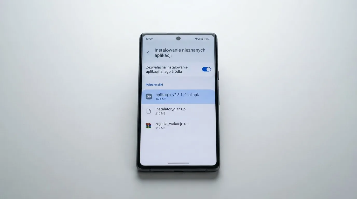 Ekran ustawień Androida z przełącznikiem zgody na instalację aplikacji z nieznanego źródła i pobranym plikiem instalacyjnym na liście