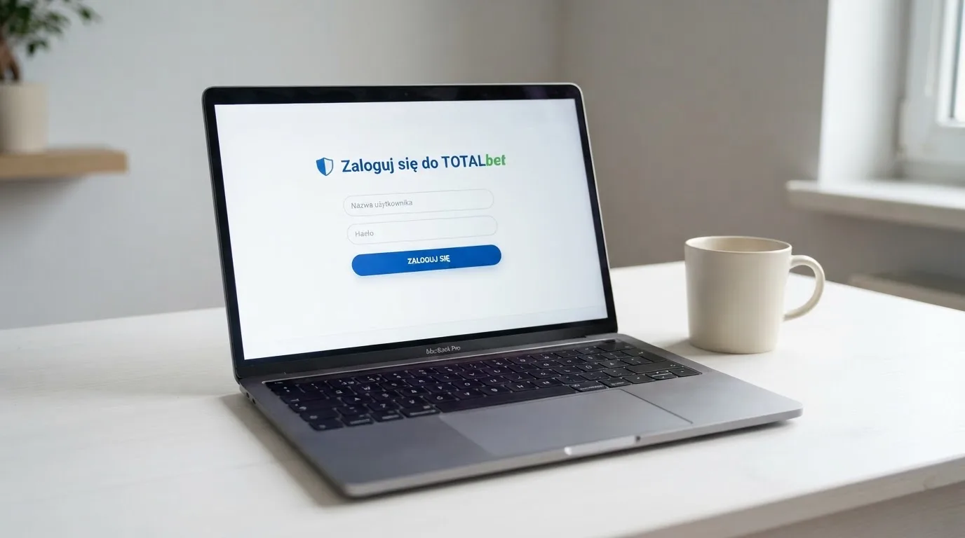 Strona logowania oficjalnej platformy Total Casino na ekranie laptopa, jedynego legalnego kasyna online w Polsce