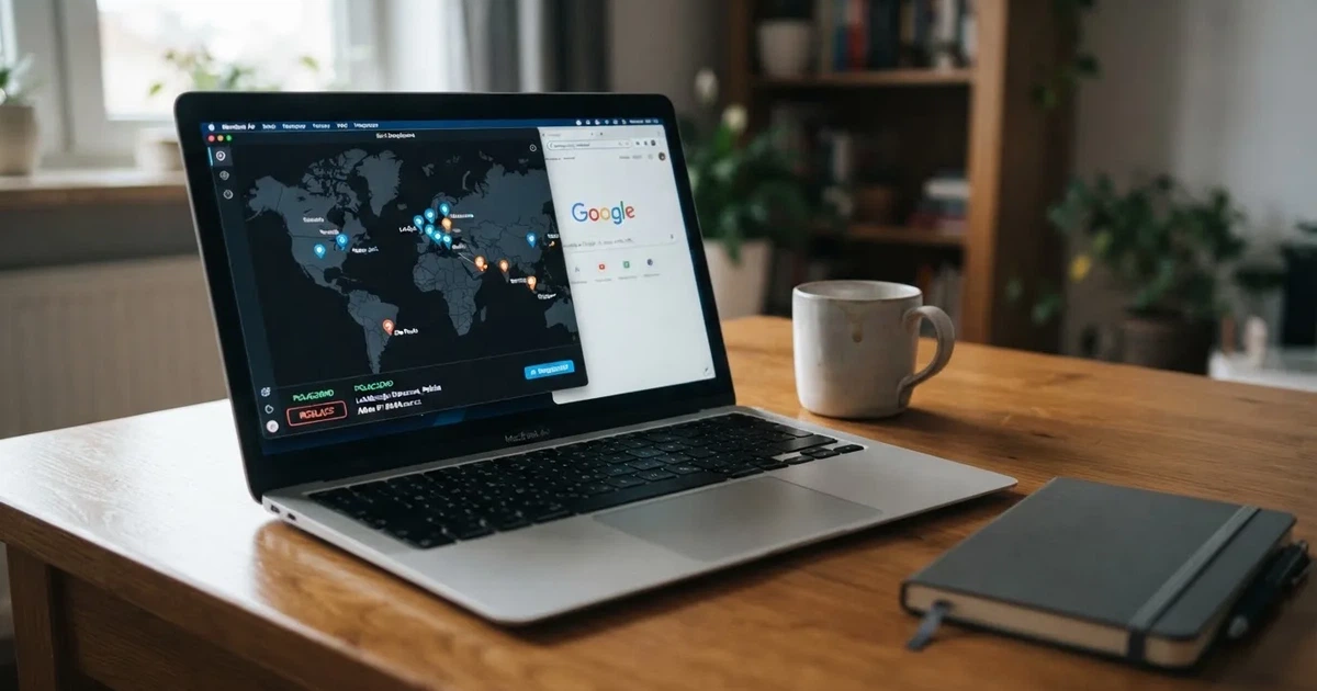 Laptop na biurku z włączoną aplikacją VPN i mapą serwerów w kilku krajach obok otwartej przeglądarki