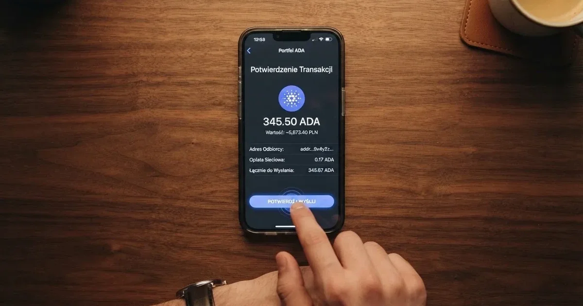 Ekran aplikacji portfela kryptowalutowego w trakcie wysyłania przelewu w sieci Cardano (ADA)