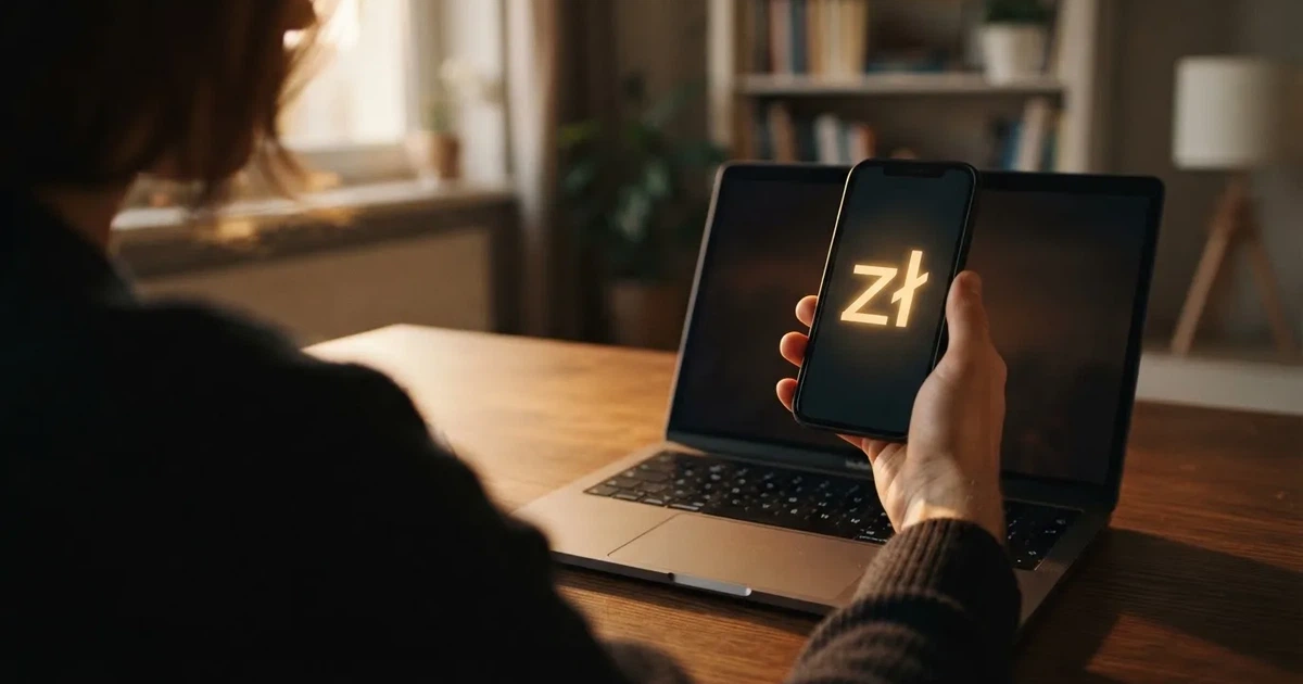 Dłoń trzymająca smartfon z ekranem płatności mobilnej nad klawiaturą laptopa