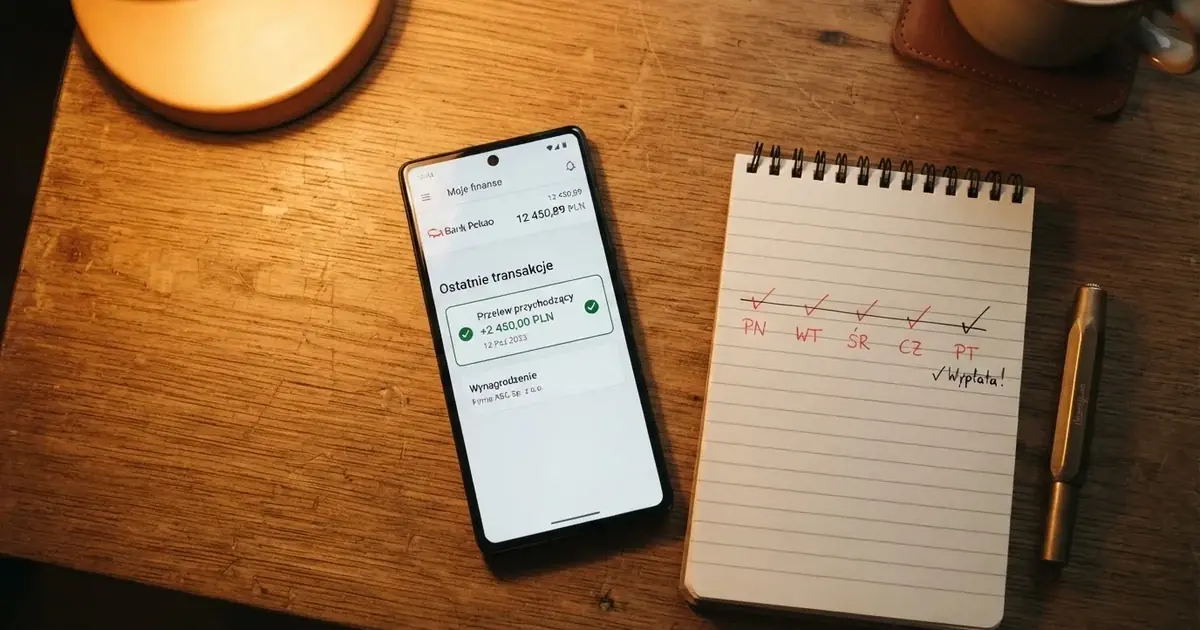 Ekran bankowości mobilnej z historią przelewów przychodzących, obok kalendarz z zaznaczonymi dniami roboczymi