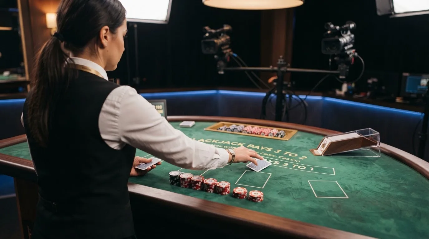 Krupier rozdający karty przy stole blackjacka podczas transmisji na żywo