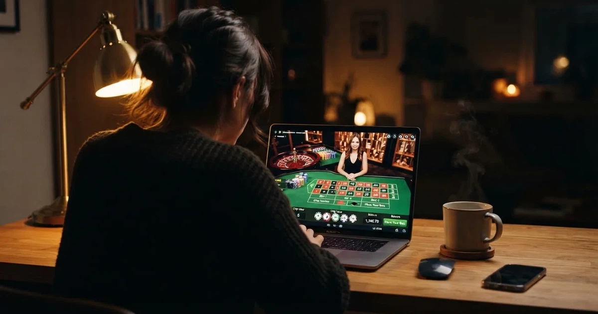 Gracz przy laptopie czyta krótkie wyjaśnienie, czym jest kasyno na żywo