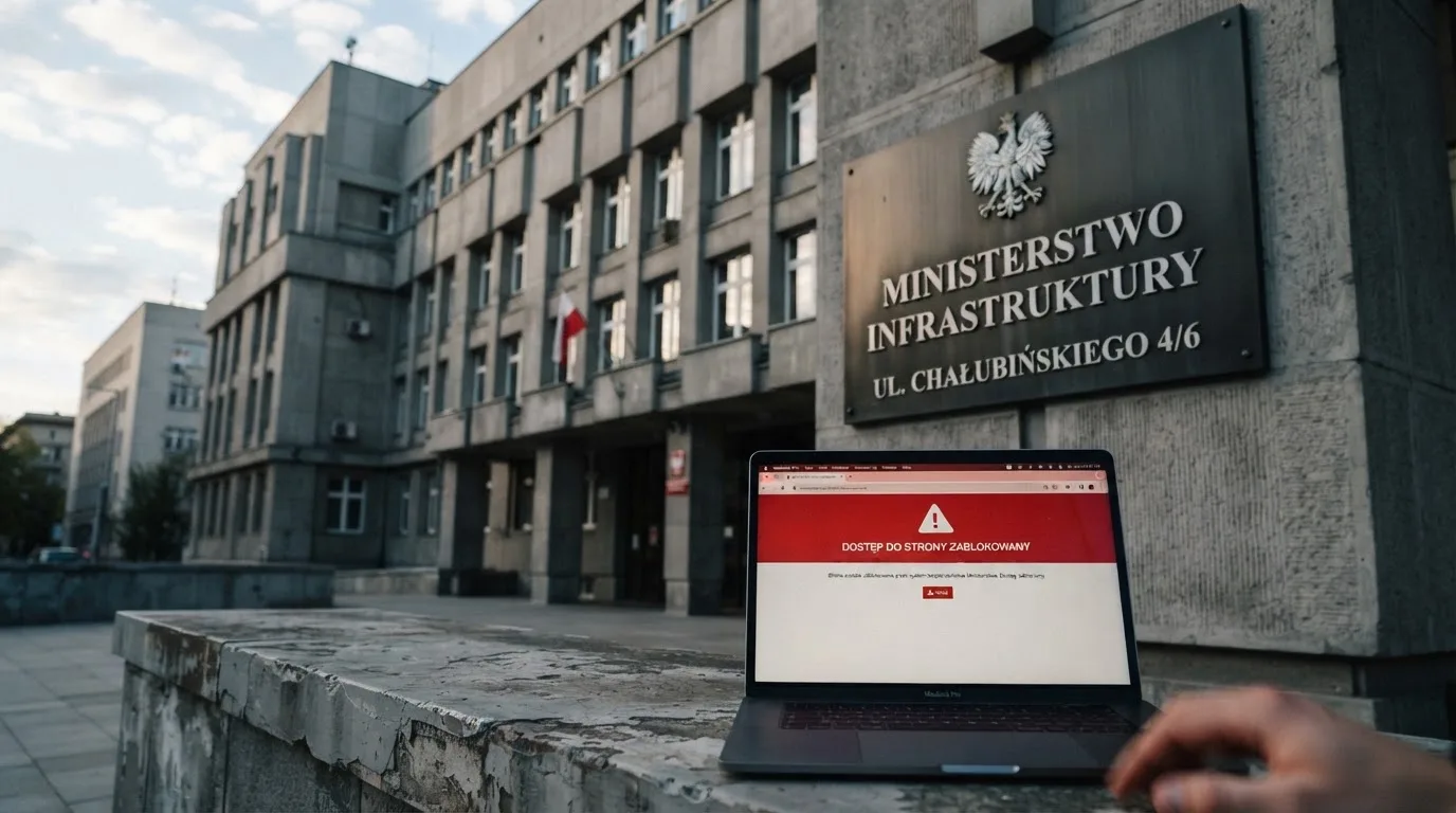 Budynek urzędu z tablicą ministerstwa, na pierwszym planie laptop z komunikatem o zablokowanej stronie kasyna