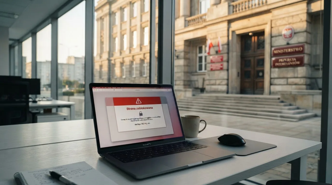 Laptop z komunikatem o zablokowanej stronie hazardowej, w tle budynek urzędu z tablicą ministerstwa