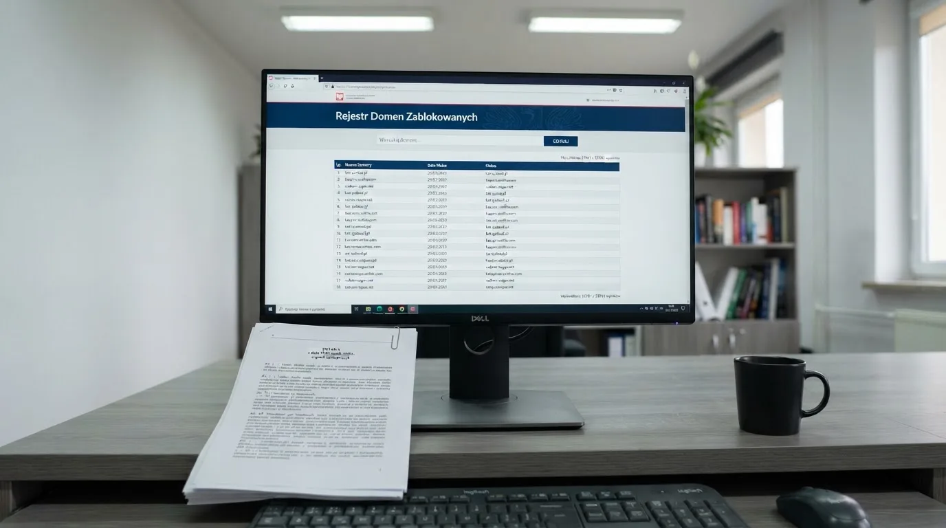 Monitor z otwartą publiczną wyszukiwarką rejestru zablokowanych domen hazardowych obok wydrukowanej ustawy o grach hazardowych