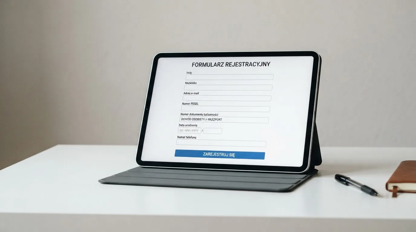 Formularz rejestracji konta gracza z polami na PESEL i numer dokumentu tożsamości na ekranie tabletu