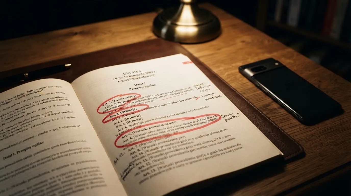 Wydruk ustawy o grach hazardowych z zakreślonymi artykułami leżący na biurku obok wyłączonego smartfona