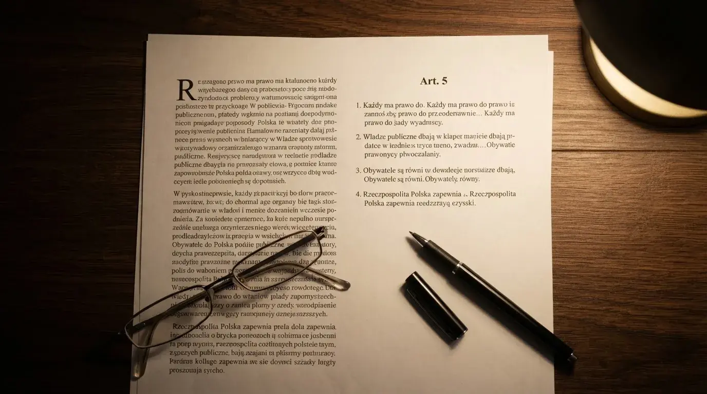 Wydrukowany tekst ustawy o grach hazardowych otwarty na artykule 5, obok okularów i długopisu na biurku
