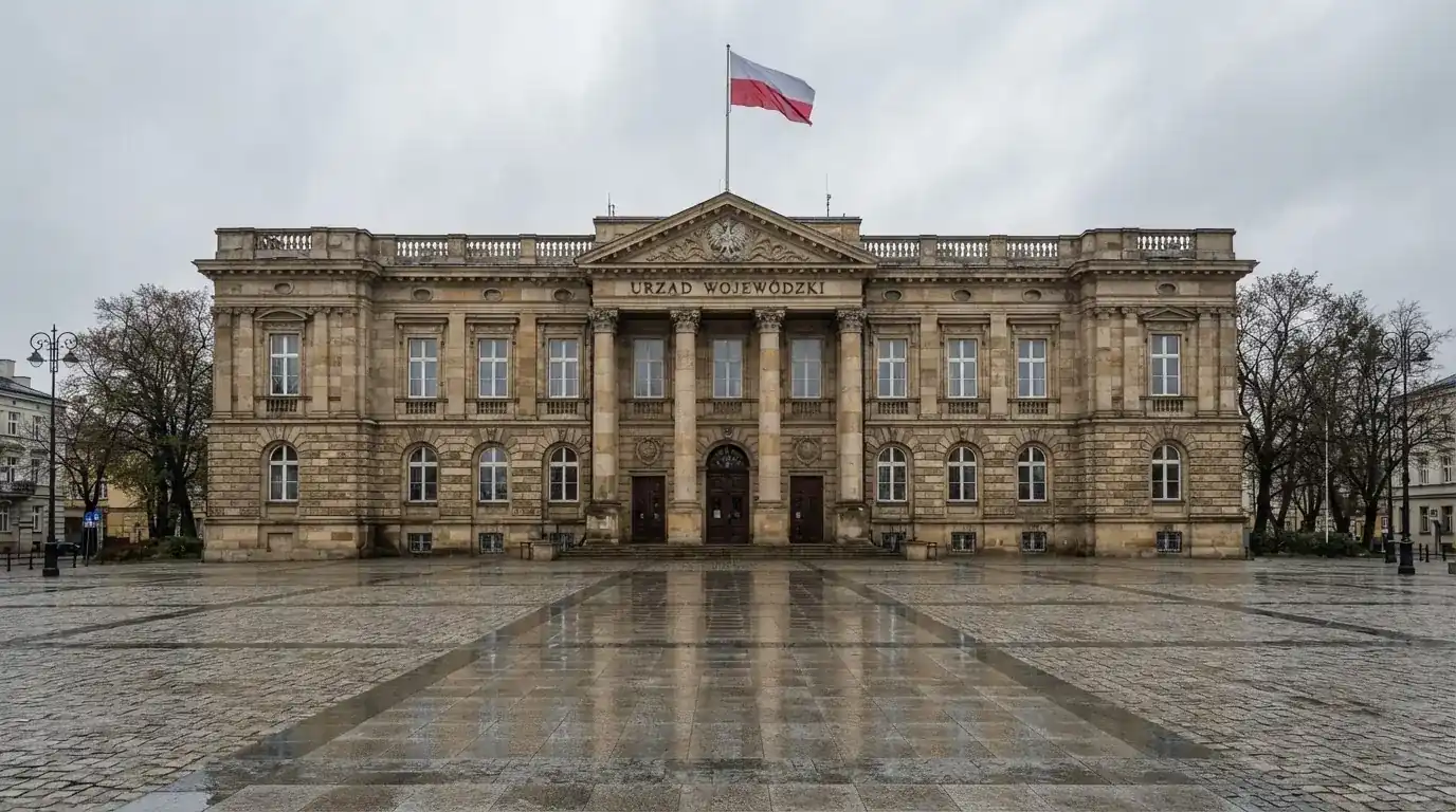 Budynek urzędu administracji państwowej z flagą Polski na maszcie w tle