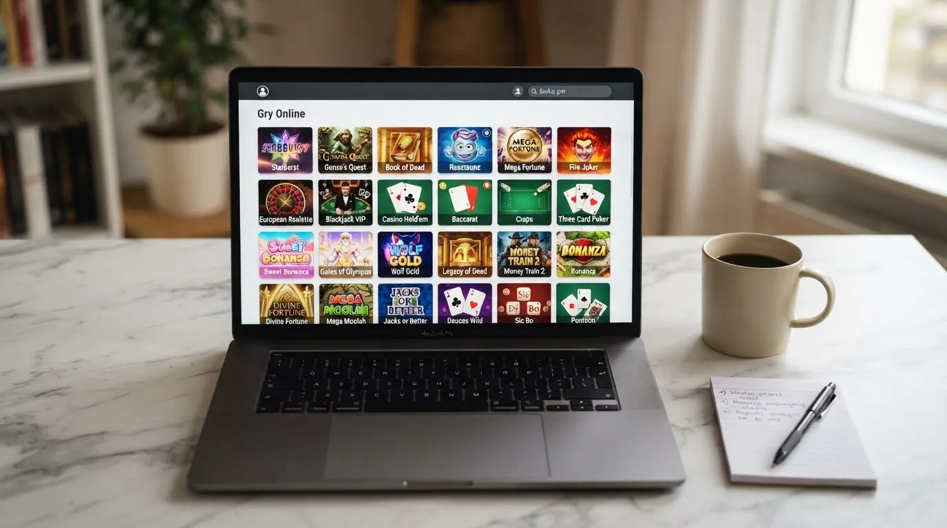 Ekran laptopa z tabelą porównawczą kilku serwisów kasynowych, bez widocznych logotypów marek