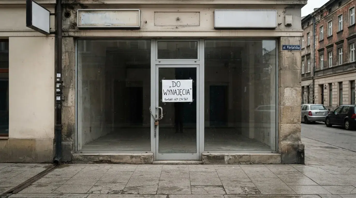 Pusty, zamknięty lokal handlowy z tabliczką „do wynajęcia”, symbolizujący brak działających salonów gry bingo pieniężne