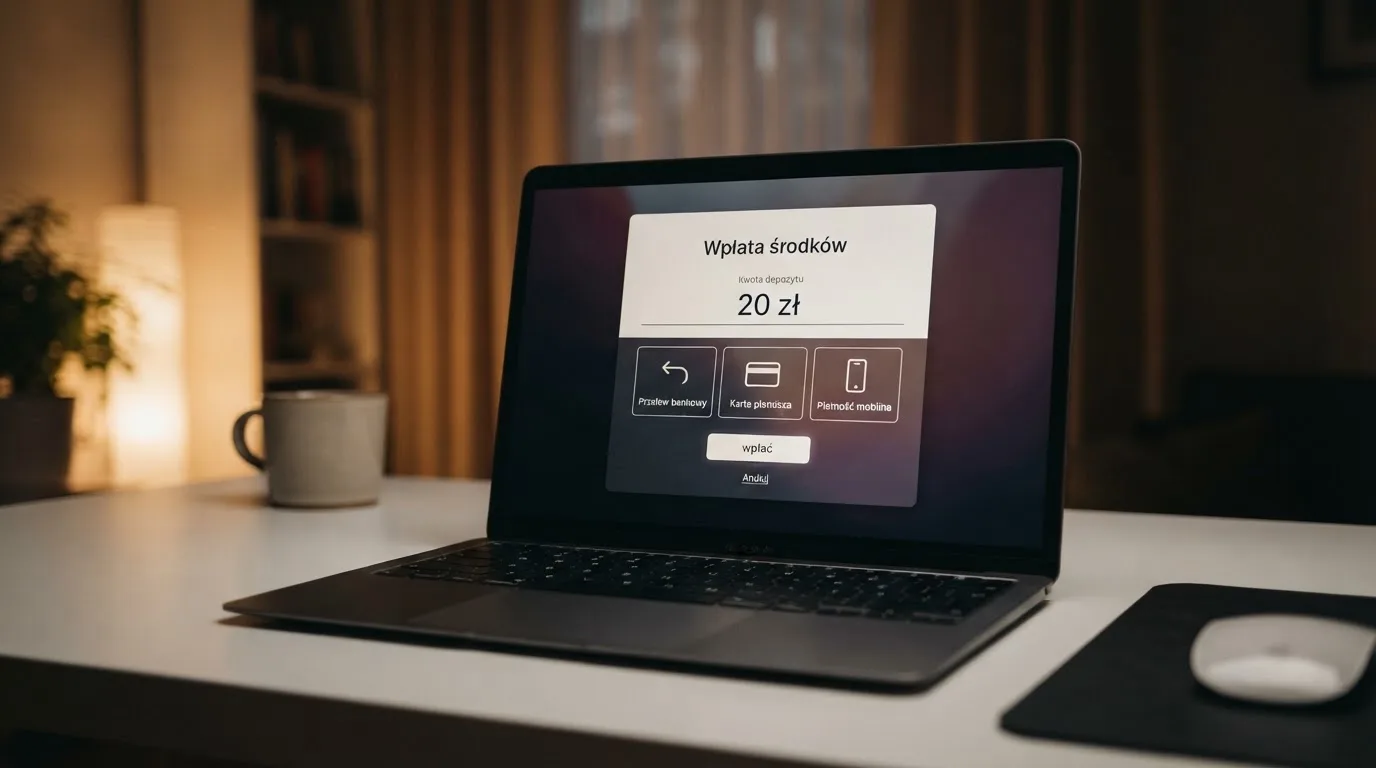 Laptop z otwartym formularzem wpłaty na kwotę 20 zł i wyborem między szybkim przelewem, kartą płatniczą a BLIK-iem