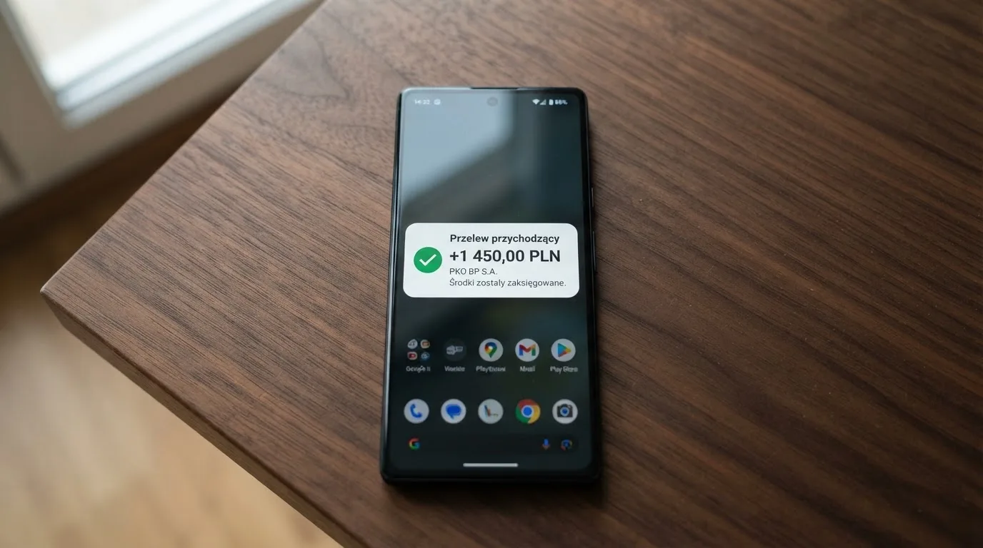 Otwarta aplikacja bankowa na smartfonie z widocznym powiadomieniem o wpływie środków, telefon leżący na stole.